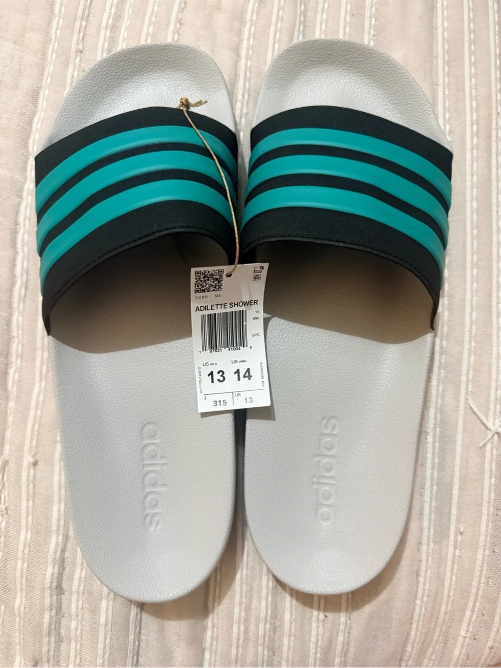 Adidas White Slides with Black and Teal Stripes